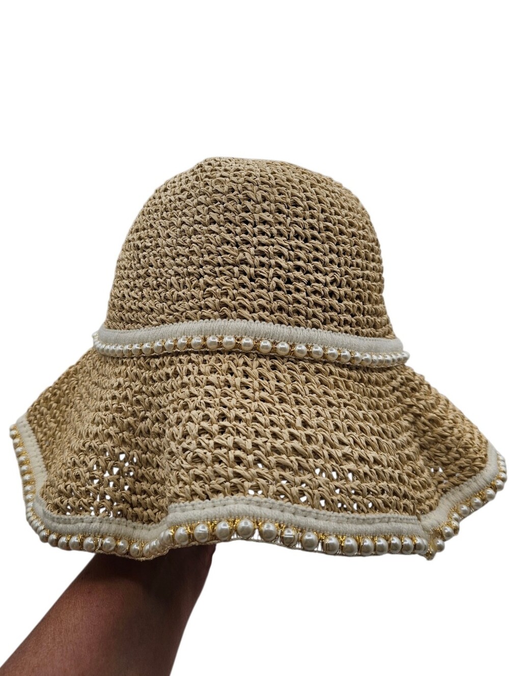 Women's Straw Sun Hat with Pearl Trim - Natural - Picture 1 of 3